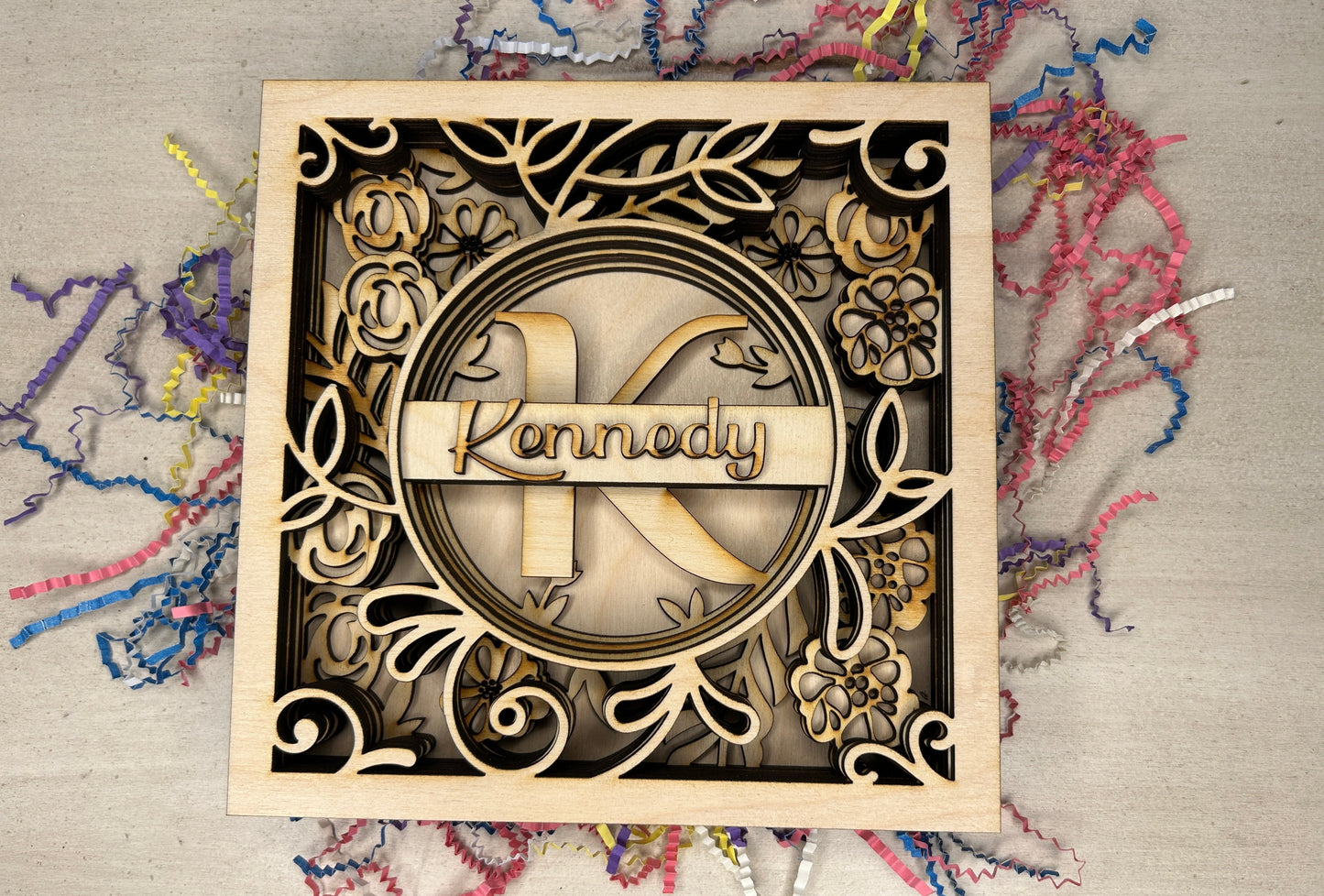 Monogram with Flowers - Personalized 3D Art Shadow Box Insert