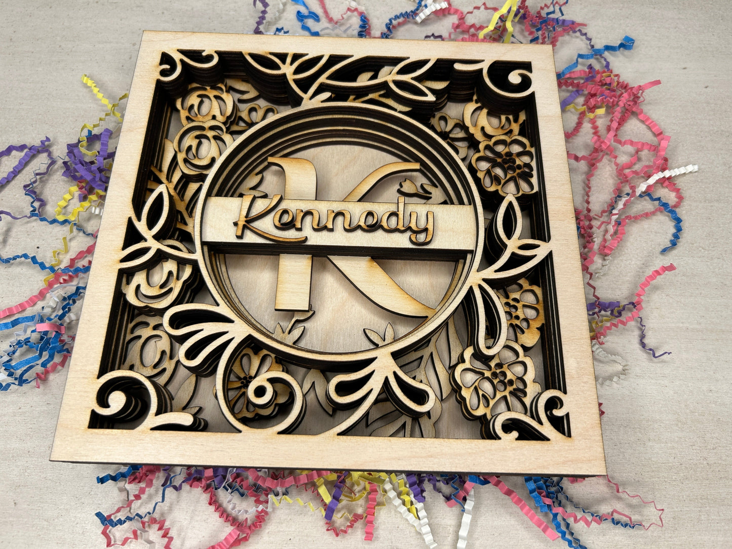 Monogram with Flowers - Personalized 3D Art Shadow Box Insert