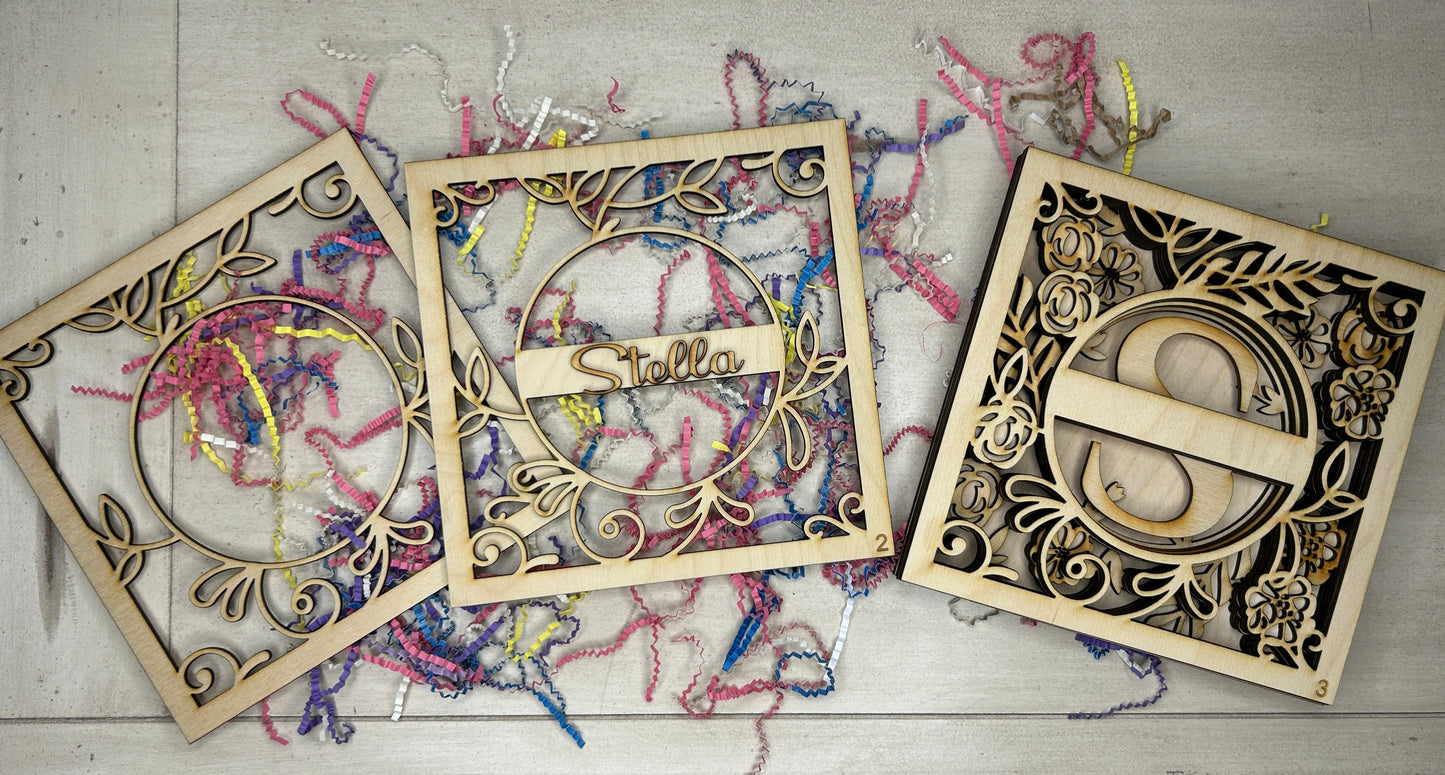 Monogram with Flowers - Personalized 3D Art Shadow Box Insert